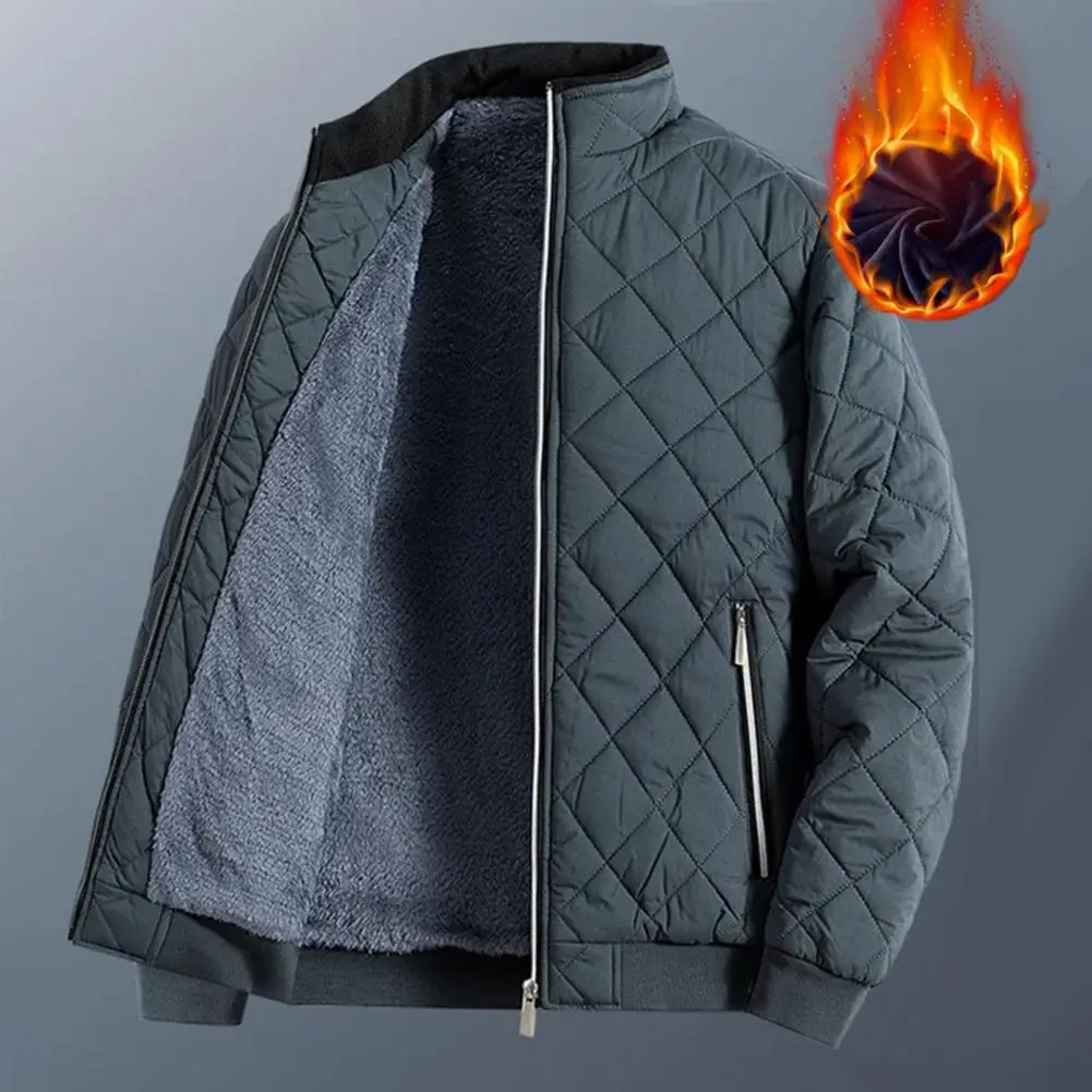 

Trendy High Neck Cotton Coat for Men Stylish Men's Rhombus Embossed Jacket Warm Fleece Lining Slim Fit Coat for Autumn Winter