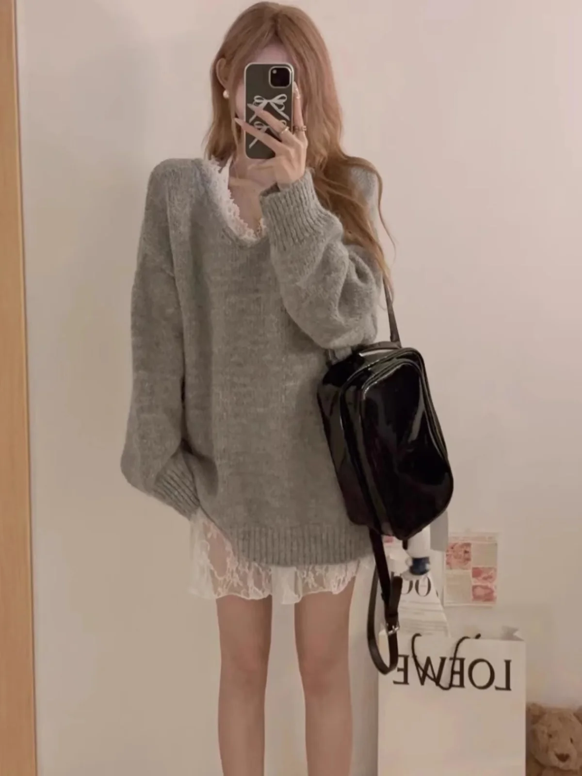 Кружевной свитер с круглым вырезом верхняя одежда женская осенний серый