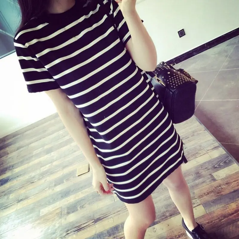 Женские платья в полоску с коротким рукавом и круглым вырезом летние свободные