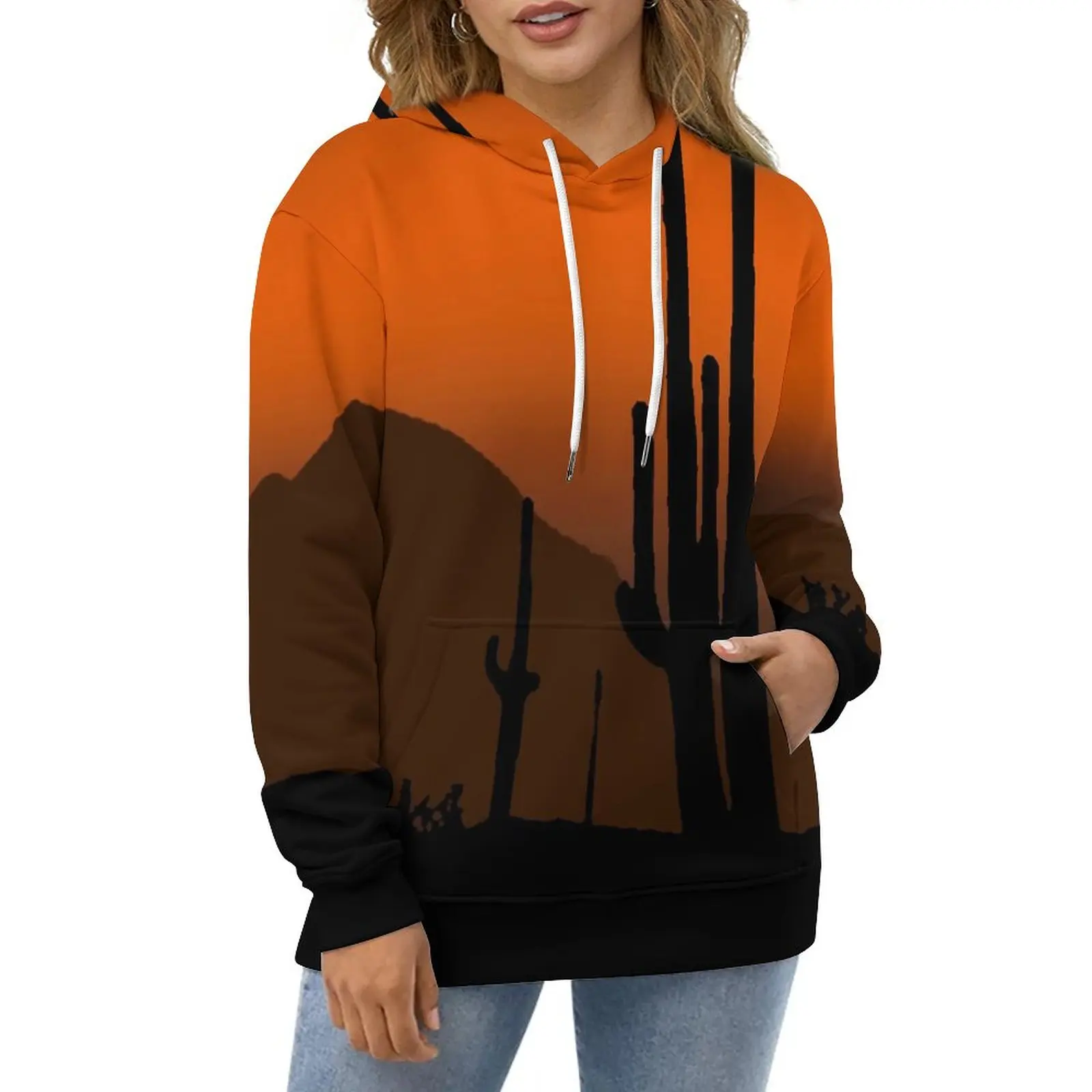 

Desert Sunset Casual Hoodies Cactus Print Y2k Custom Loose Hoodie Spring Long Sleeve Harajuku Oversized Tops