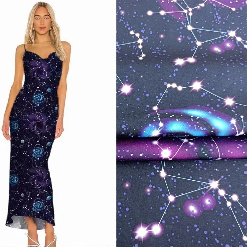 Polyester Stretch Satin Stoff Tuch Benutzerdefinierte Blau Lila Sternen Muster Gedruckt Stoff Handgemachte DIY Nähen Kleid Hemd Stoffe