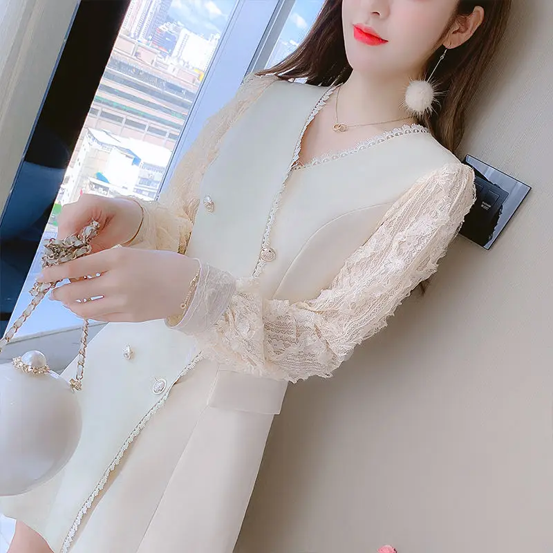 

Women Spring Summer Elegant Lapel Single-breasted Thin Waist Dresses Female Fashion Trend Korean V-neck Suit Mini Dresses H78