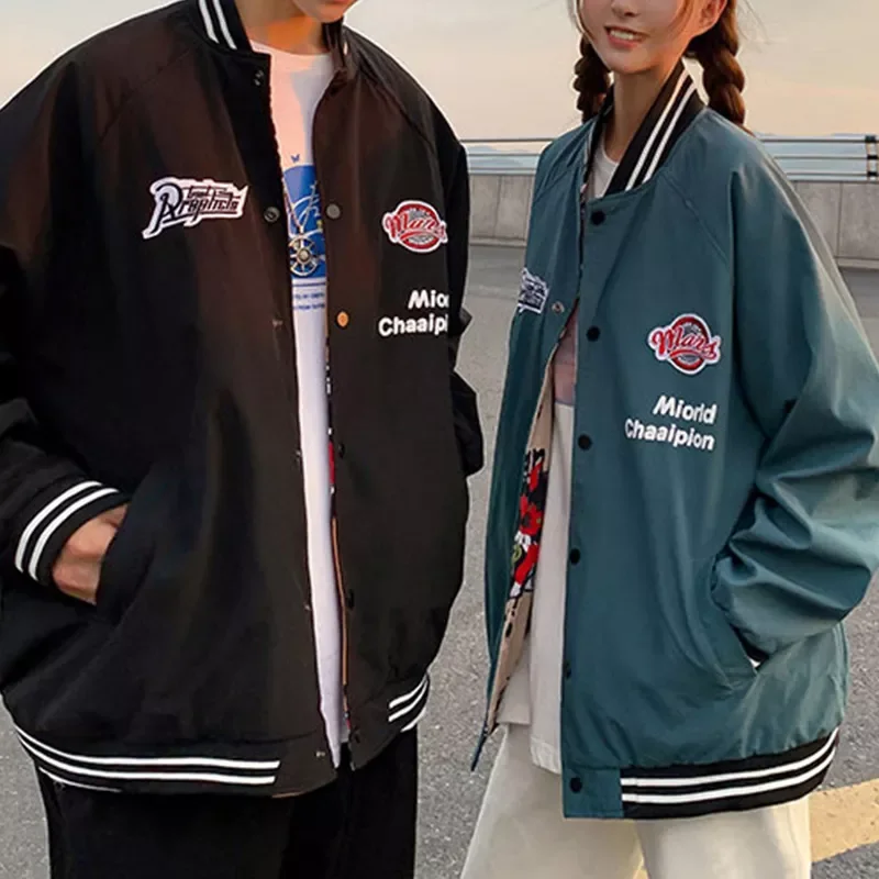 

Free shipping Both Sides Autumn Oversize Loose Baseball Print Jacket Women's Coat Men's Varsity Bomber Unisex Couple Street Clot