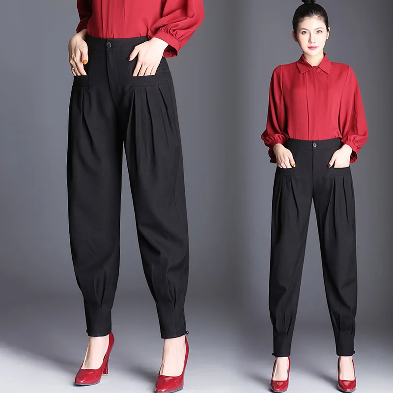 

High Waist Bloomers Ankle Banded Pants Women Autumn and Winter Loose Draping Casual Cropped Harem Pants New Black Tappered Pants