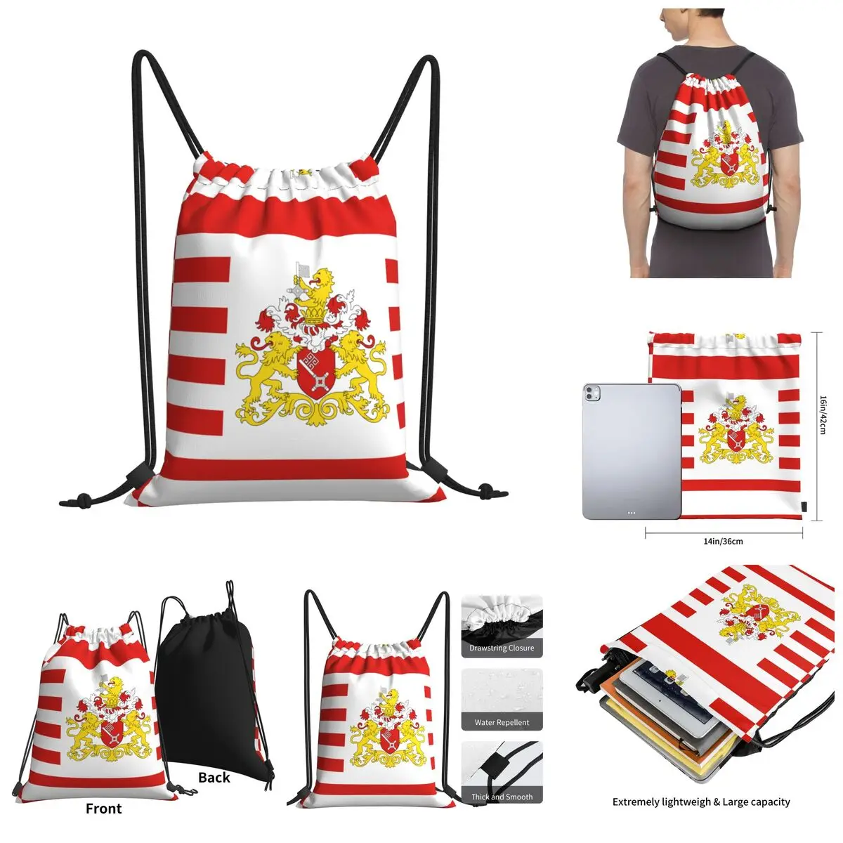 

Flag De-bremen Flagarms Drawstring Bags Gym Bag Casual Graphic Backpack Humor Graphic German states Rucksack