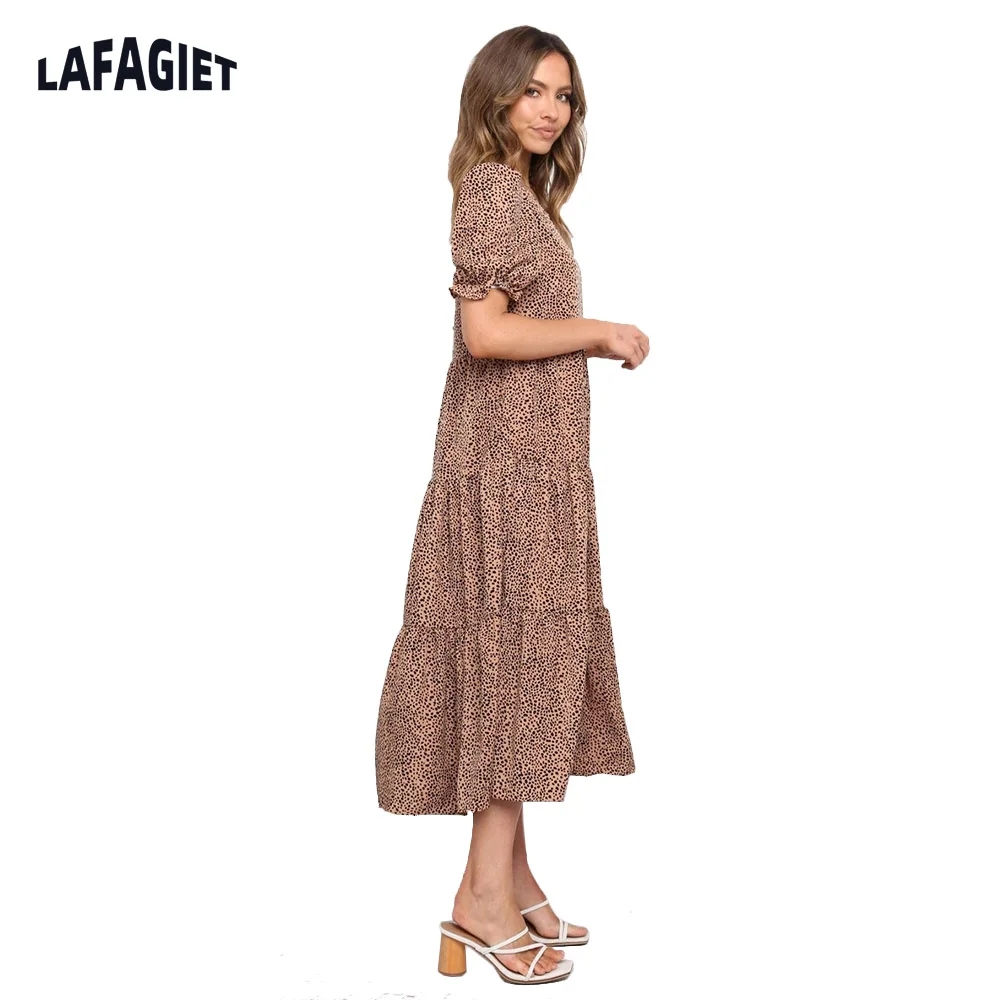 

Vintage Leopard Women Dress Print Puff Sleeve Long Dress Summer Women New Causal Loose Patchwork Pleated Decor Robe Maxi Vestido