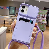 slide lens protection phone case for iphone 13 12 11 pro xs max xr x 8 plus lanyard necklace cord rope card pocket cover
