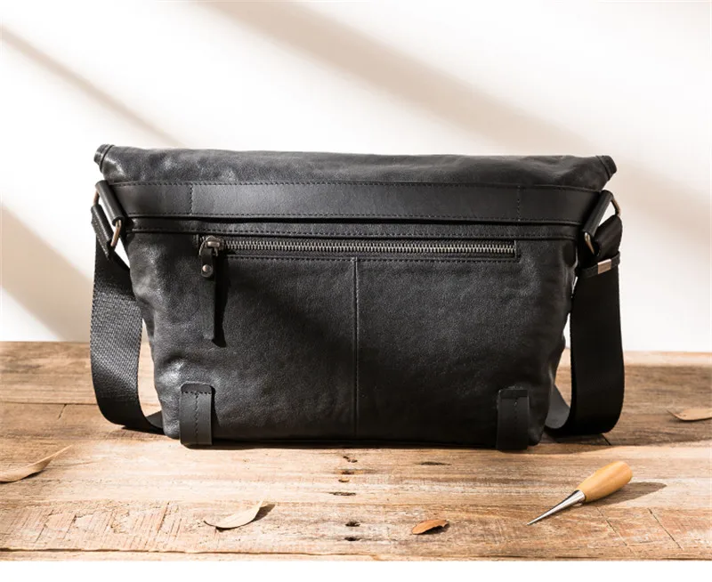 Casual handmade genuine leather men's black work messenger bag outdoor youth daily luxury real cowhide tablet hasp shoulder bag
