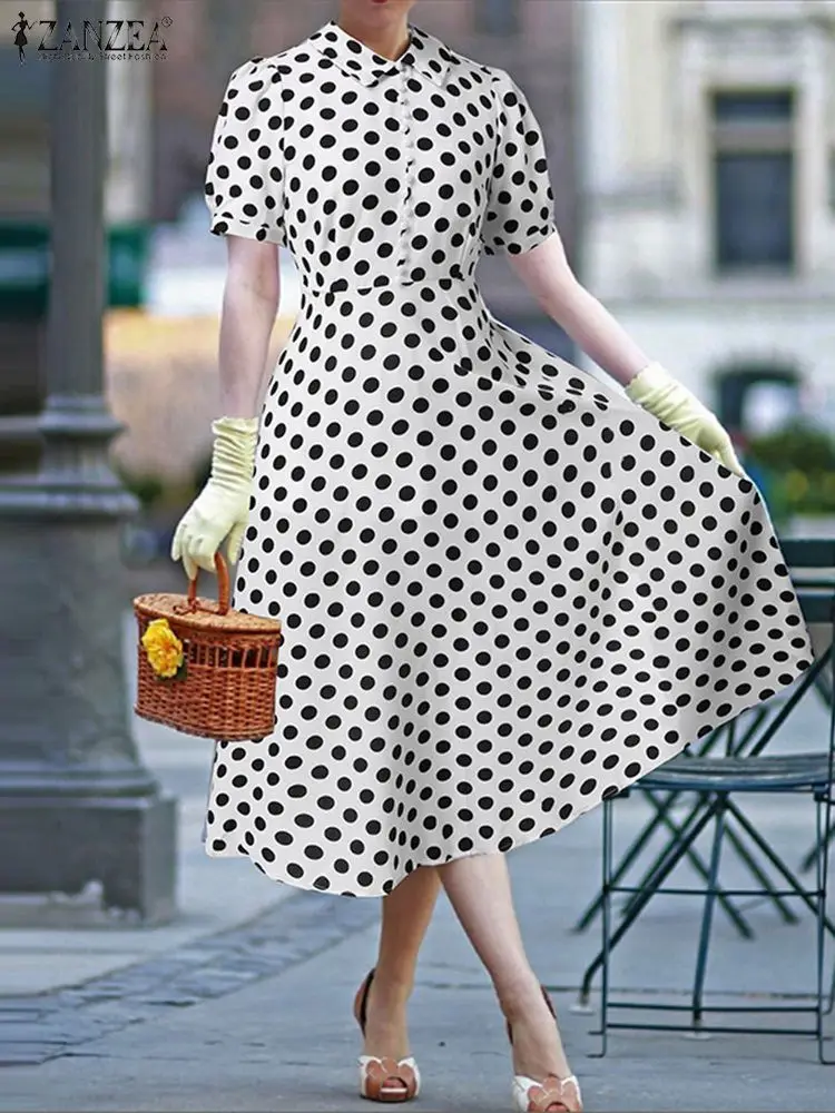 

ZANZEA Elegant Polka Dots Dress Women Fashion Midi Sundress Casual Puff Sleeve Vestidos 2022 Oversized Holiday Robes Longue 2022