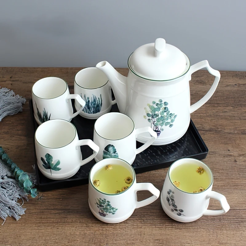 

Ceramic Coffee Tea Set Kettle Cup Nordic White Green Plants Tray Water Ware Bar Decoration Household Kitchen Supplies Drinkware