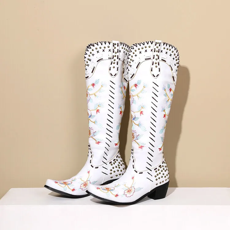 

Cowboy Boots Women Winter Boots Embroidered Metal Studs Colorblock Women's Knee Boots zapatos de mujer tacon medio elegantes