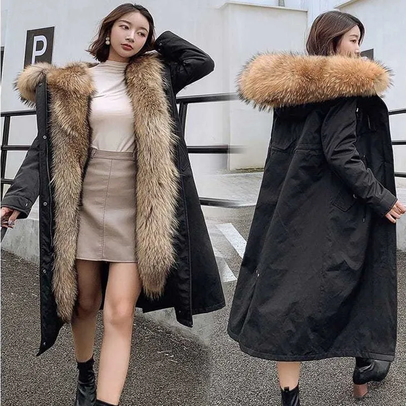 Winter Mid-Length Detachable Raccoon Fur Parka Coat 4xl Liner Thickening Imitation Fur Special Offer Faux Fur Coat for Women 5XL