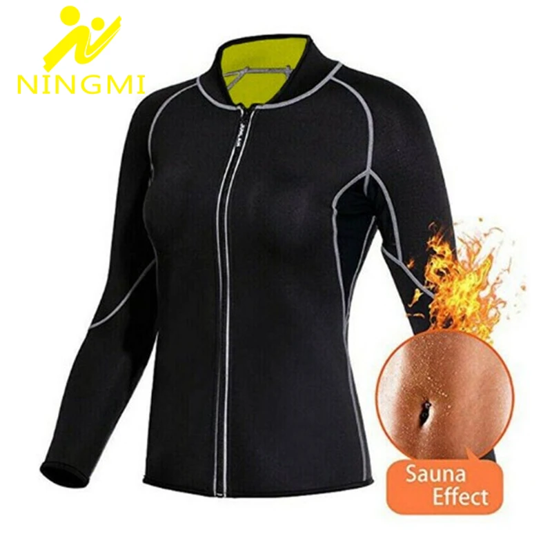 

NINGMI Women Sauna Sweat Shirt Neoprene Compression Body Shaper Weight Loss Workout Sports Top Waist Trainer Slimming Long Shirt