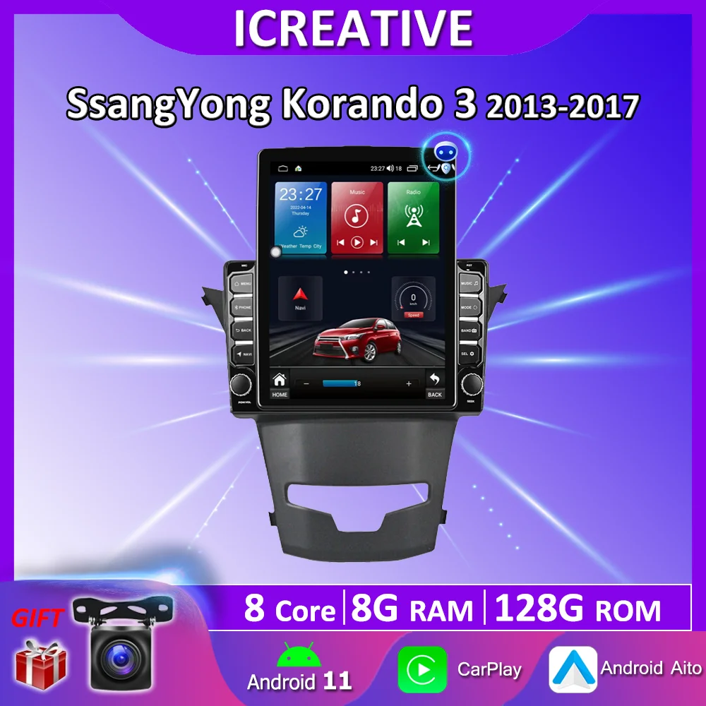 

Автомобильный мультимедийный плеер с экраном 9,7 дюйма Тесла для SsangYong Korando 3 Actyon 2 2013-2017 4G Carplay 2 Din навигатор Android Авторадио