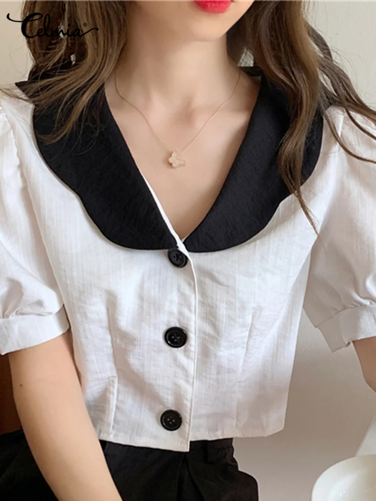 

Celmia Women Summer Fashion Tops Short Peter Pan Collar Shirts Elegant Short Puff Sleeve Blusas Korean Style Cute Blouses Femme