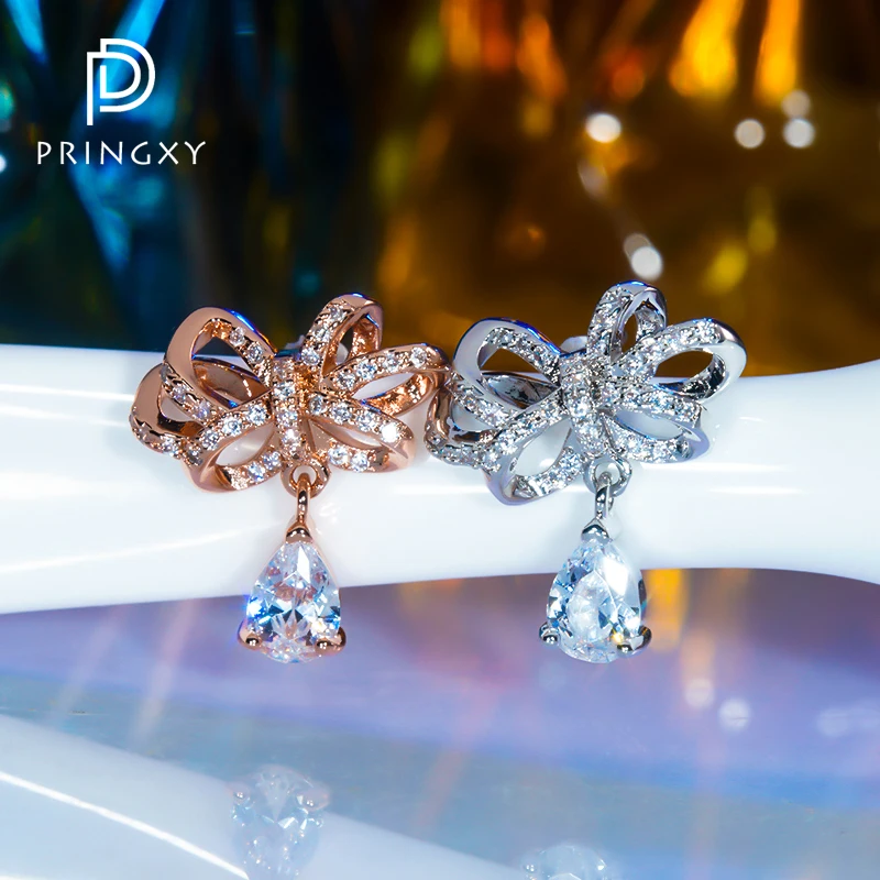 

PRINGXY 925 Sterling Silver Water Drops High Carbon Diamond Multilayer Bow Stud Earrings for Women's Luxury Dinner