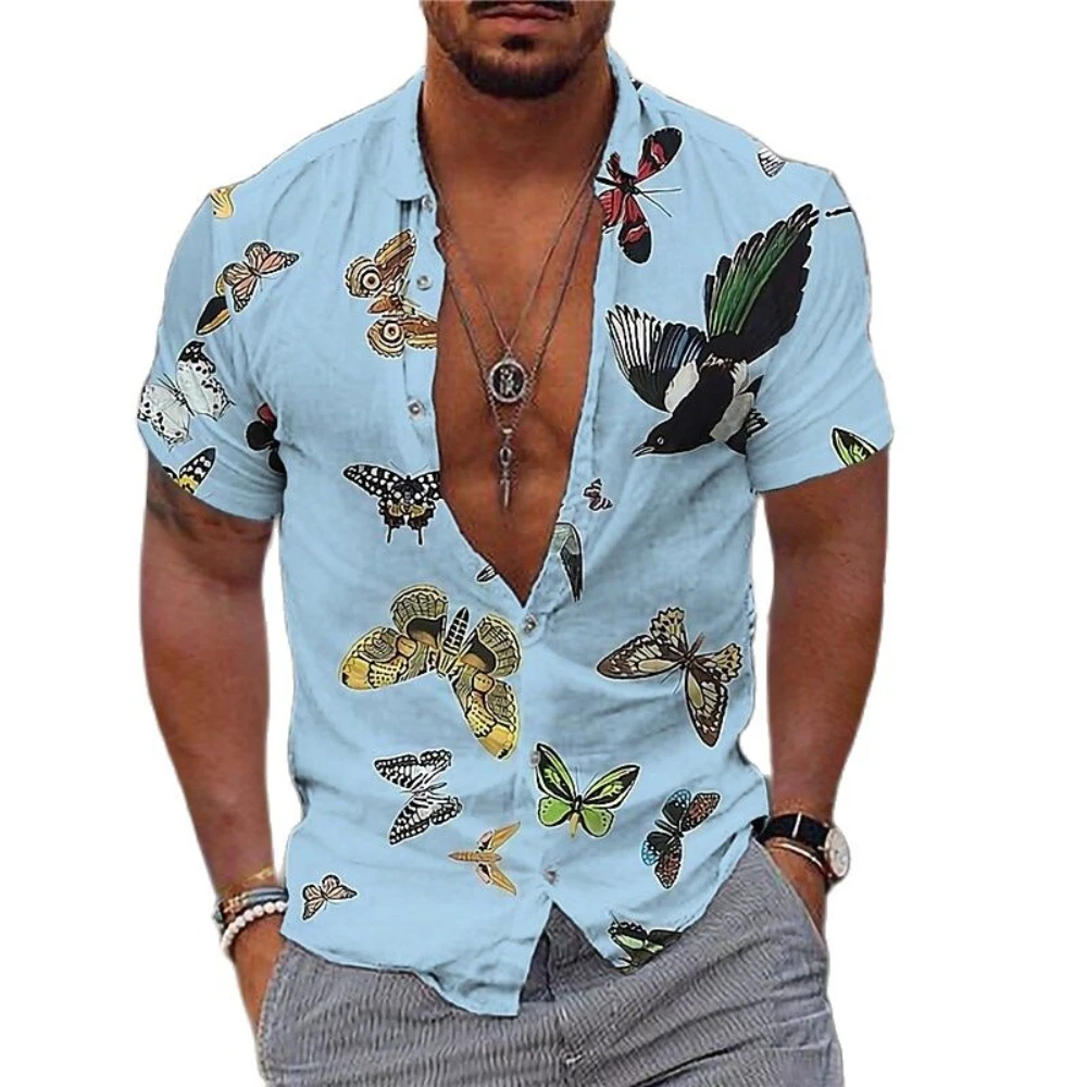Men's Village Shirt Flower Bird Plant 3D Printing Single Breasted Top Street Fashion Casual Short Sleeve Shirt Oversized Breatha
