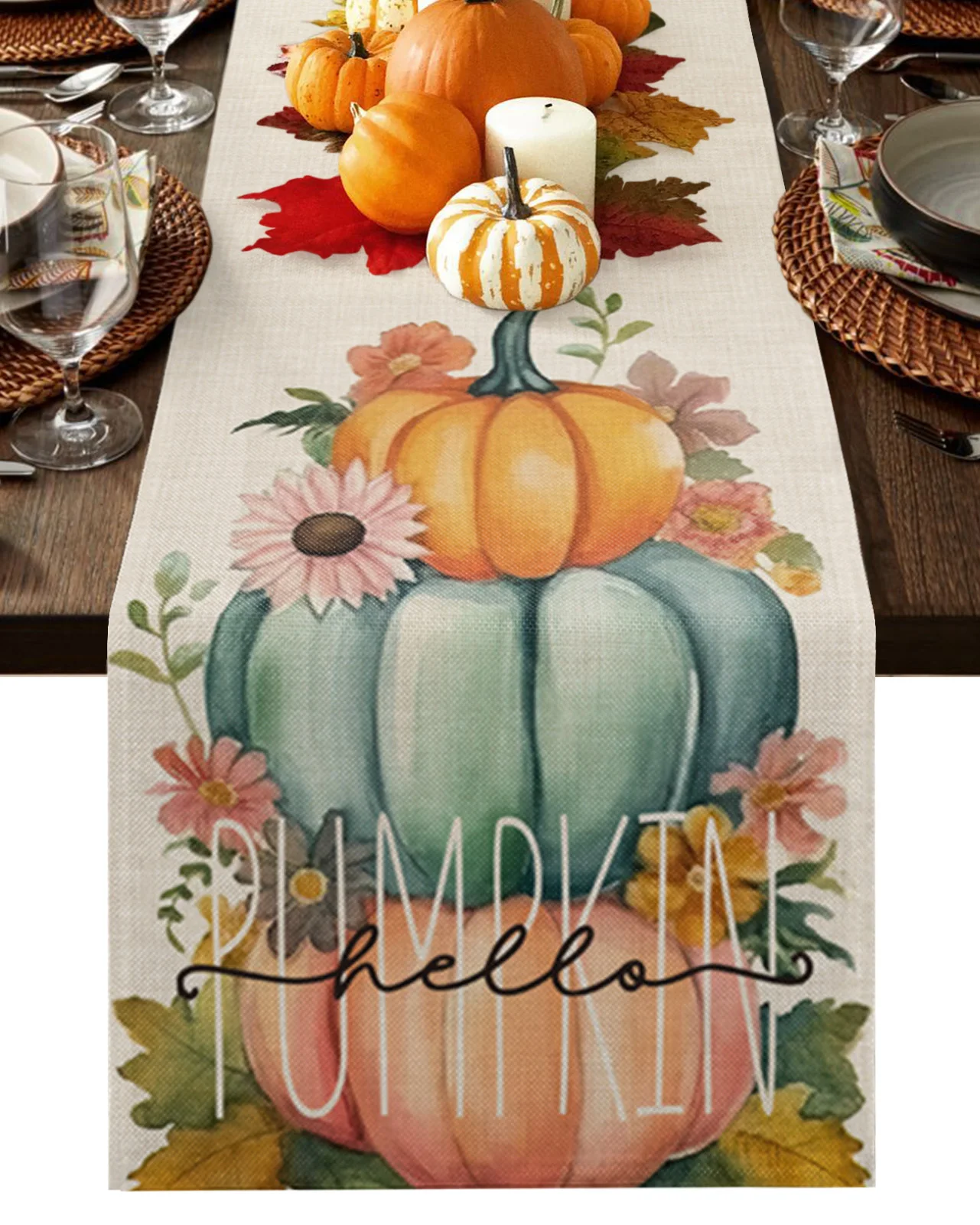 

Thanksgiving Pumpkin Plaid Leaves Table Runner Home Wedding Table Flag Mat Table Centerpieces Decoration Party Long Tablecloth