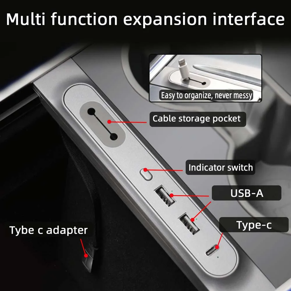 For Tesla Model 3 Y Docking Station Type C Fast Charger USB Hub Car Intelligent Docking Station Adapter Power Supply Diverter