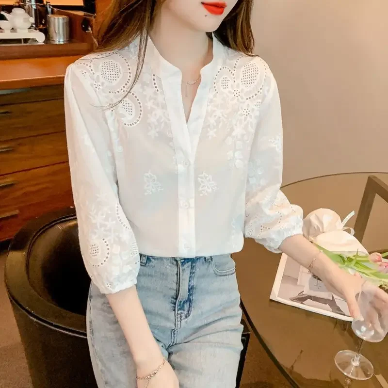 Модная облегающая женская блузка Новинка весна-лето белая рубашка с вышивкой