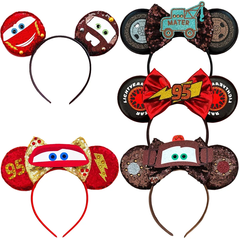 

Disney Cars Ears Headbands For Women Pixar 95 Lightning McQueen Hair Accessories Girl Mater Sequins Bow Hairband Kids Party Gift