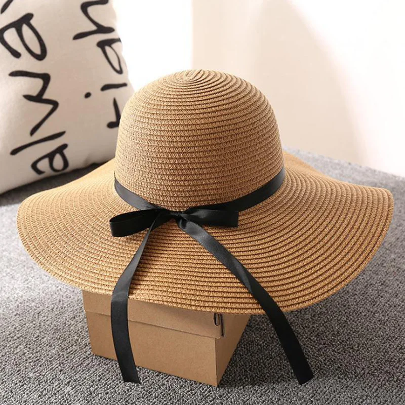

Шляпа женская Соломенная с широкими полями, Пляжная шапка от солнца, с защитой от ультрафиолета, уличная летняя