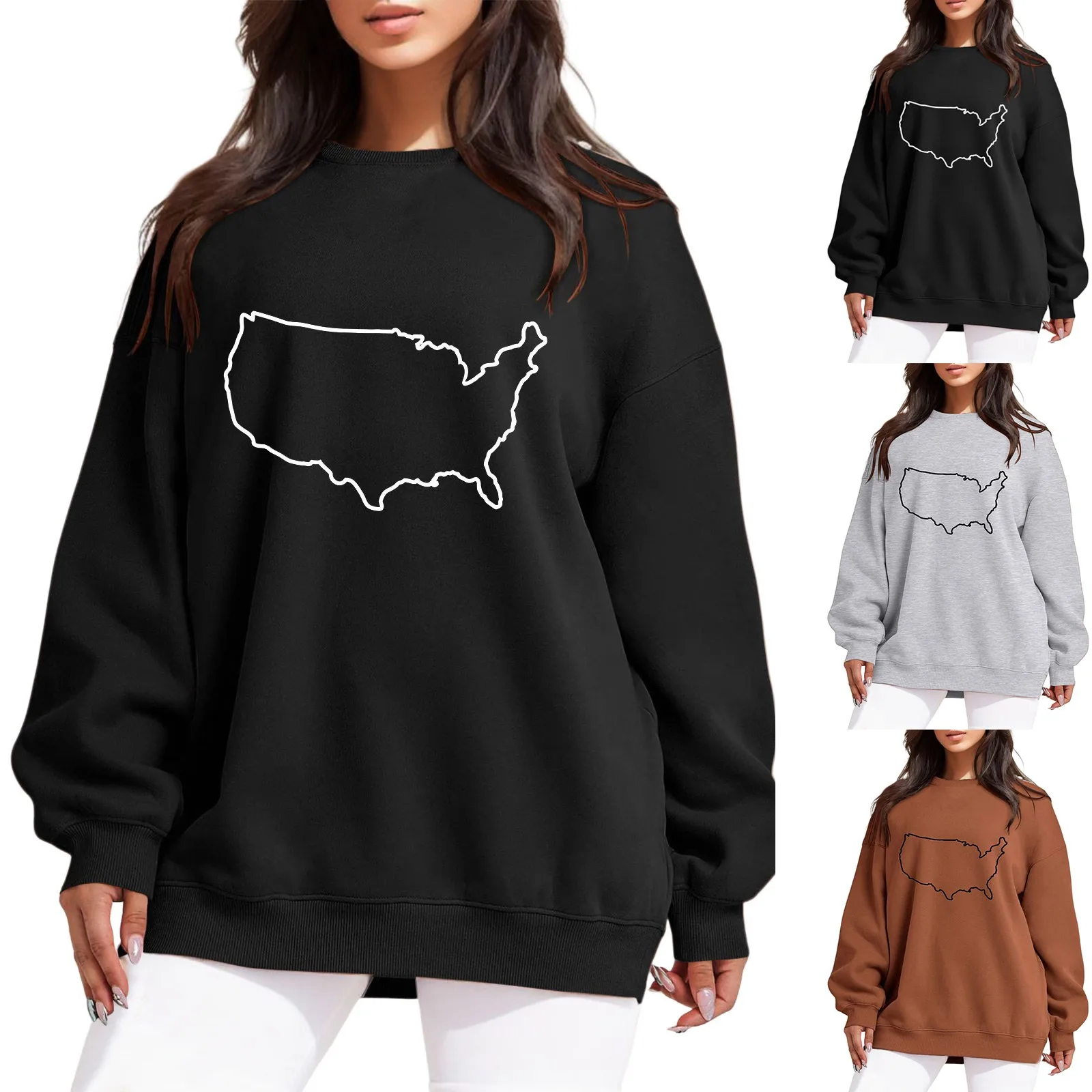 

Women Simple Print Hoodless Pullover Sweatshirt Round Neck Loose Long Sleeves Casual Tops Oversize Multi Color Sports Blouses