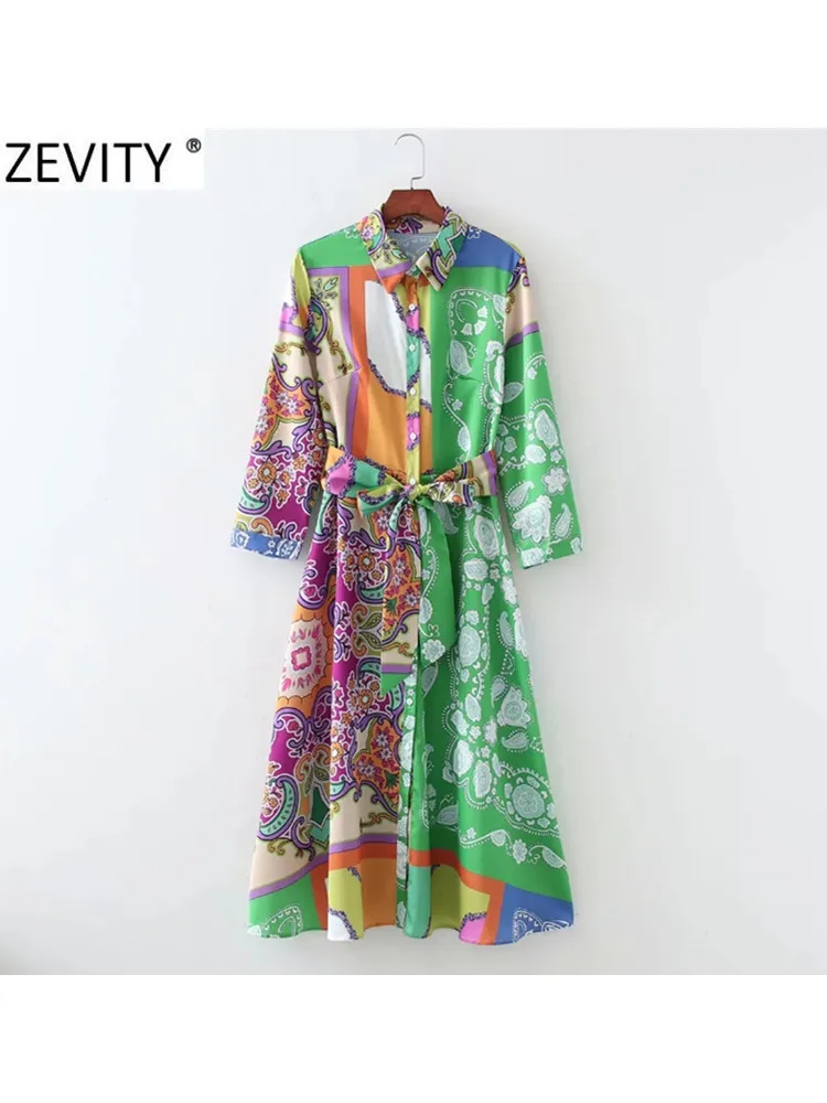 

Платье-рубашка ZEVITY женское средней длины, модное однобортное кимоно-трапеция в стиле пэчворк с асимметричным принтом и поясом, DS8791