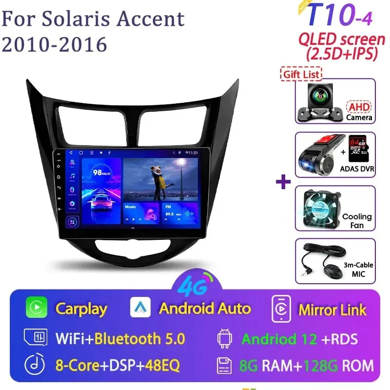 

Автомагнитола 2 Din на Android 12 для Hyundai Solaris Verna Accent 2010-2016, мультимедийный проигрыватель с GPS-навигацией, Автомагнитола для Carplay, DVD