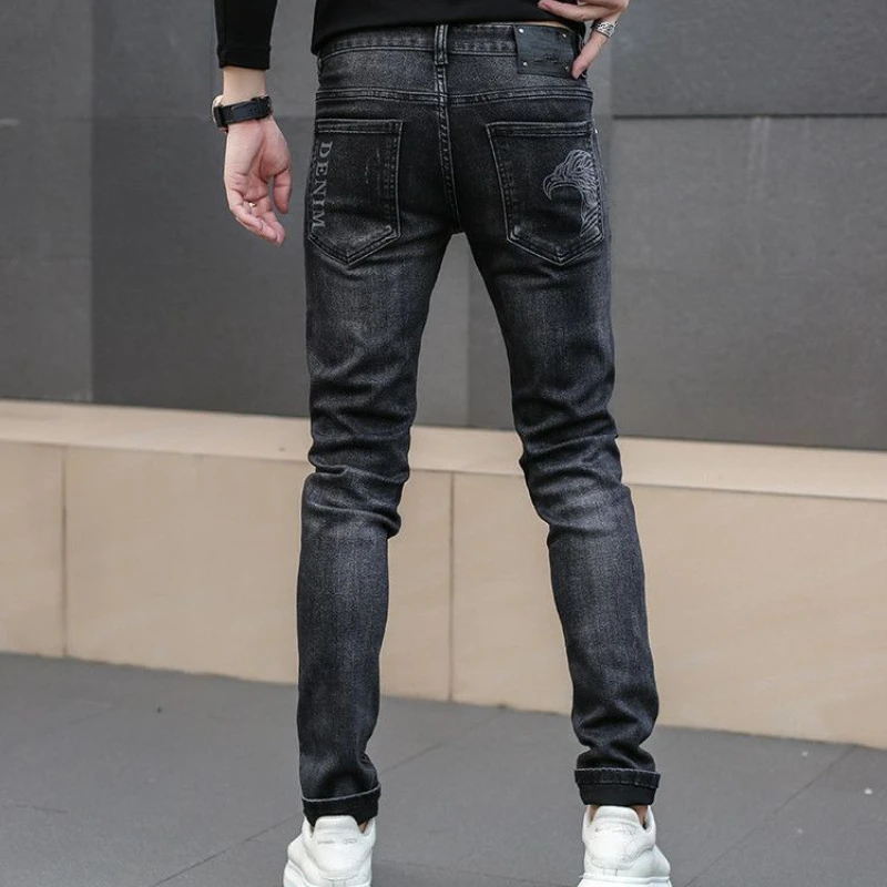 2023 Spring and Autumn New Jeans Men's Elastic Slim Fit Korean Casual Printing Jeans Designer Pants Street Clothing