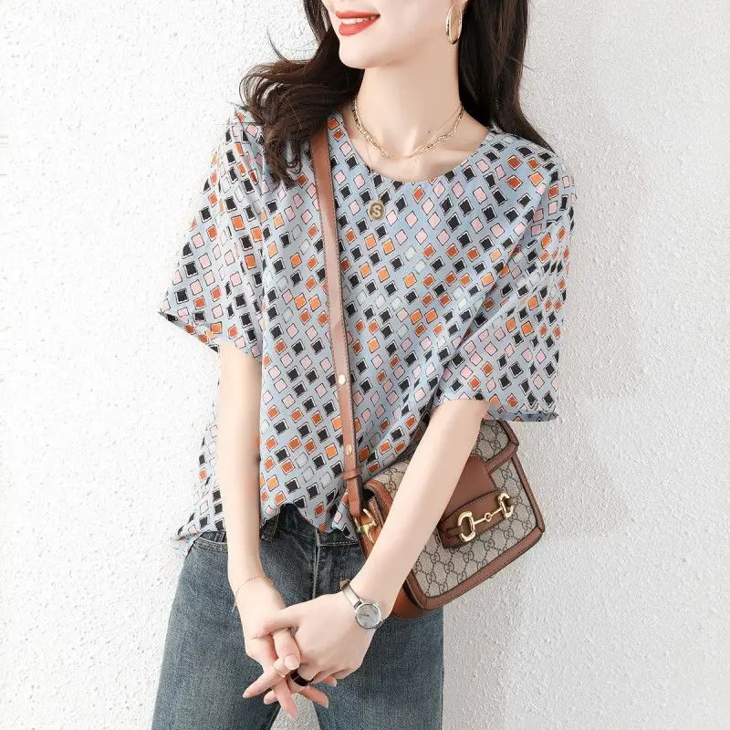 Vintage Printed O-Neck 2022 Summer New Chiffon Blouse Plus Size Short Sleeve Commute Pullovers Loose Casual Women Clothing Shirt enlarge
