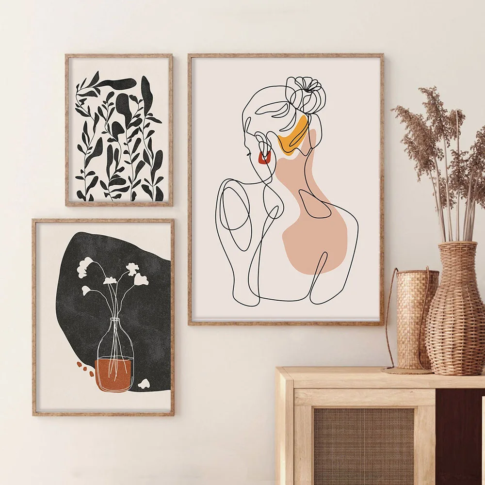 

Однострочная Картина на холсте с изображением лица, минималистичный постер с изображением девушки на спине, листья, абстрактная печать, нас...