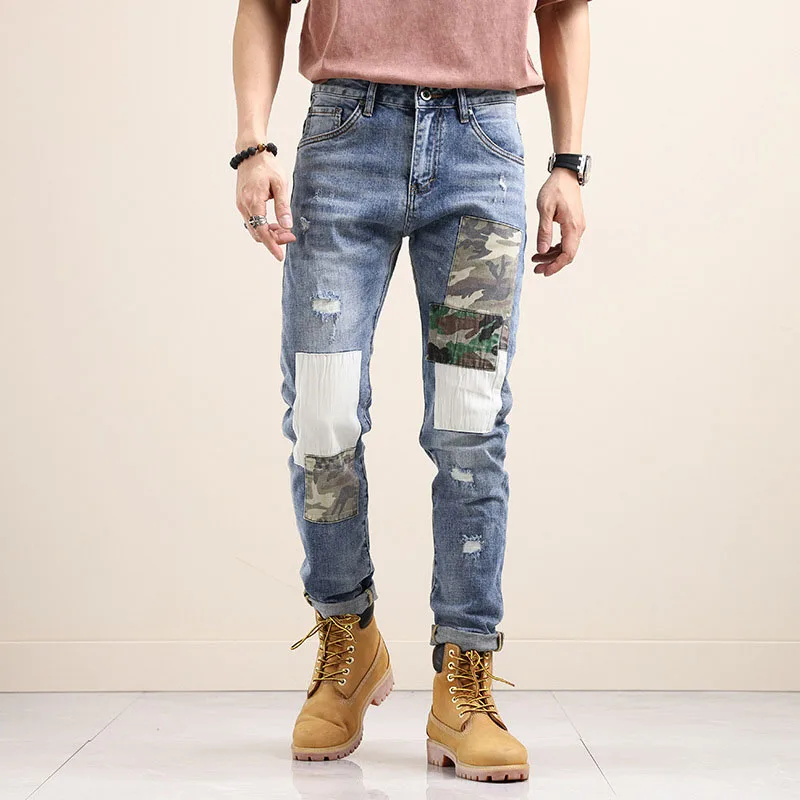 

New Men Ripped Camouflage Casual Jeans Trousers Patchwork Stretch Washed Denim Pants Streetwear Slim Fit