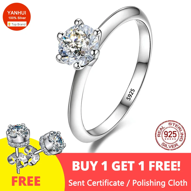 

With Certificate 18K White Gold Color Solitaire 1 Carat Engagement Wedding Bands Original Tibetan Silver S925 Ring Women Jewelry