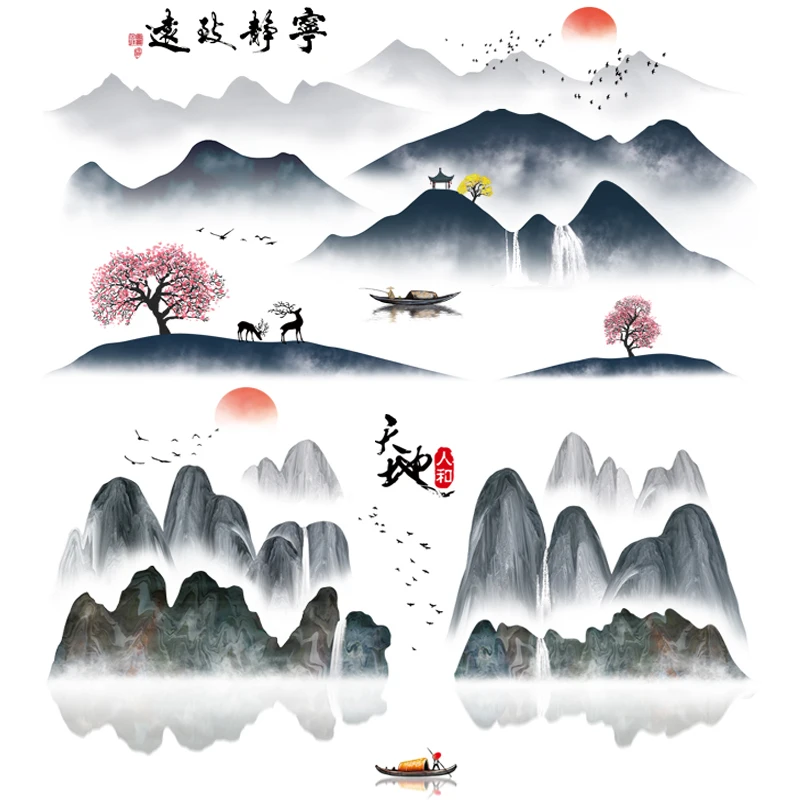 

DIY Chinese Style Abstract Painted Landscape Wall Mural Stickers Home Decoration Living Room Bedroom Decor Decals
