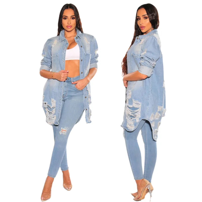 

WUHE Sexy Cutout Hollow Out Long Sleeve Single Breasted Turn-down Neck Maxi Denim Jacket Winter Autumn Streetwear Women Trench
