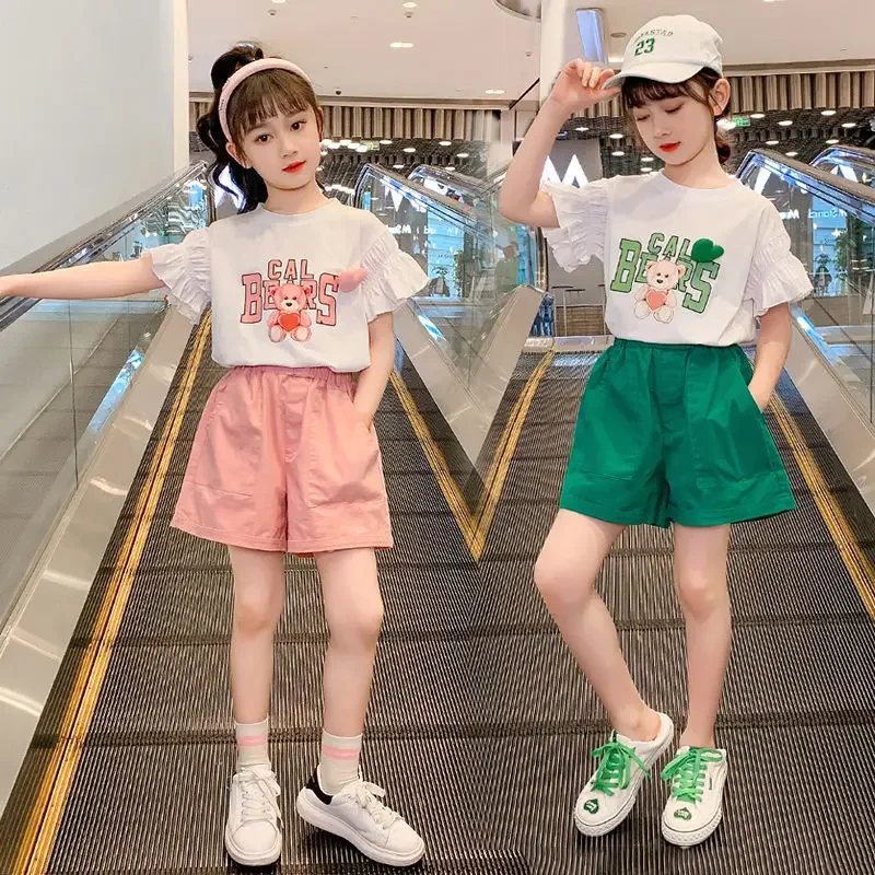 Детский спортивный костюм для девочек 4-12 лет футболка с надписью Медведь и штаны