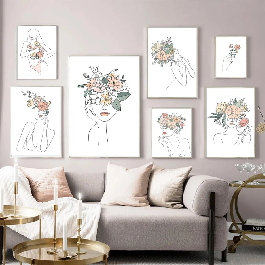 Минималистичная абстрактная Цветочная линия Девушка Боди стена художественные