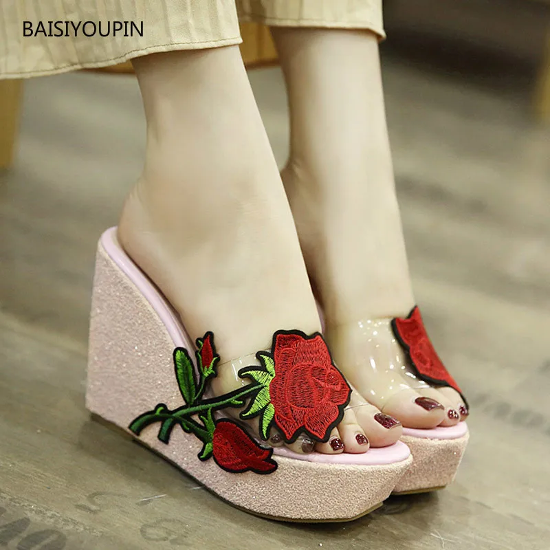Fashion Outside Women Slippers Summer Party Shoes PU Female Sandals Slides Wedges Thick Platform Embroidery 11cm High Heels Sexy