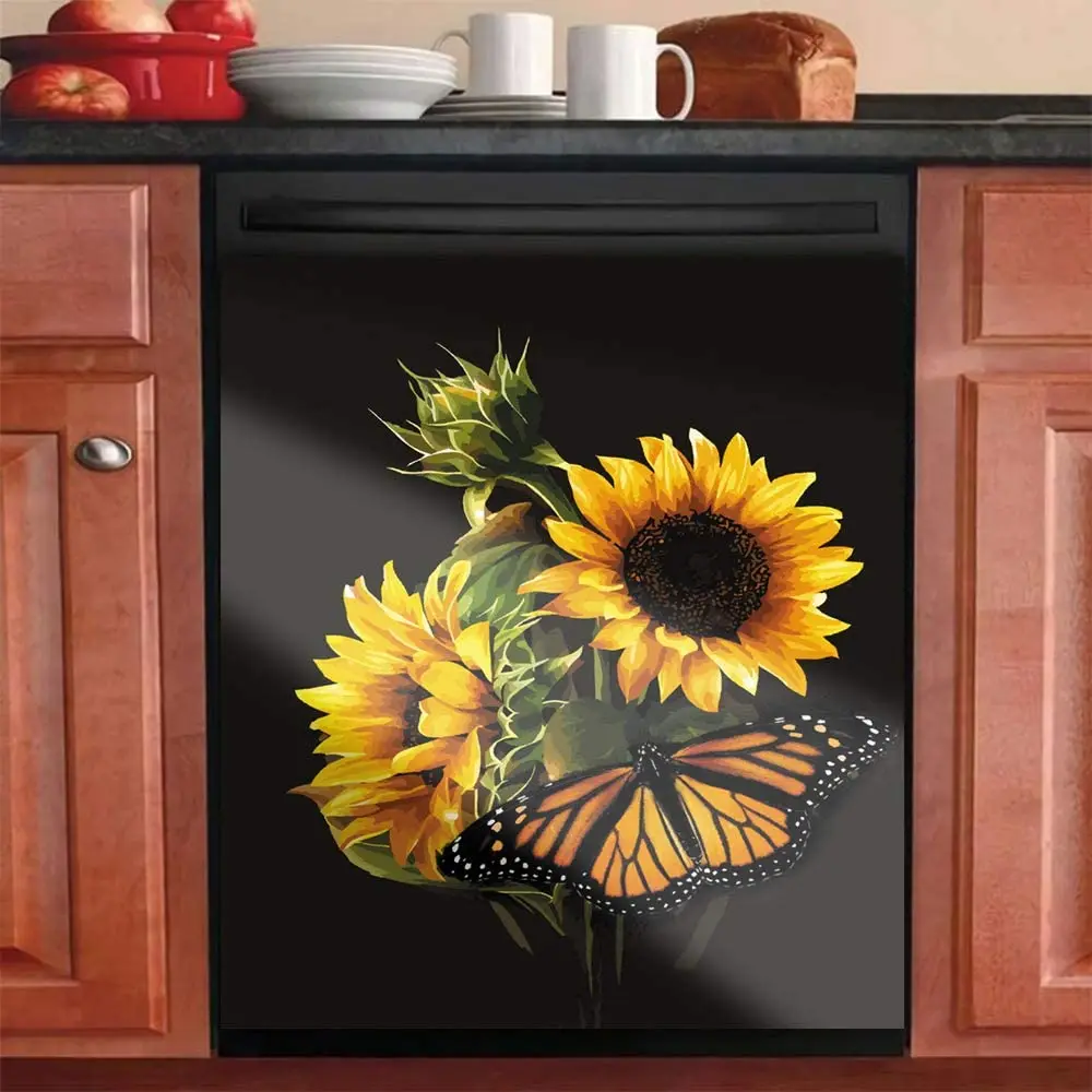 

Beautiful Sunflowers with Butterfly Decorative Magnetic Dishwasher Door Cover Sticker Clear Refrigerator Panel Decal 23" W x 26"