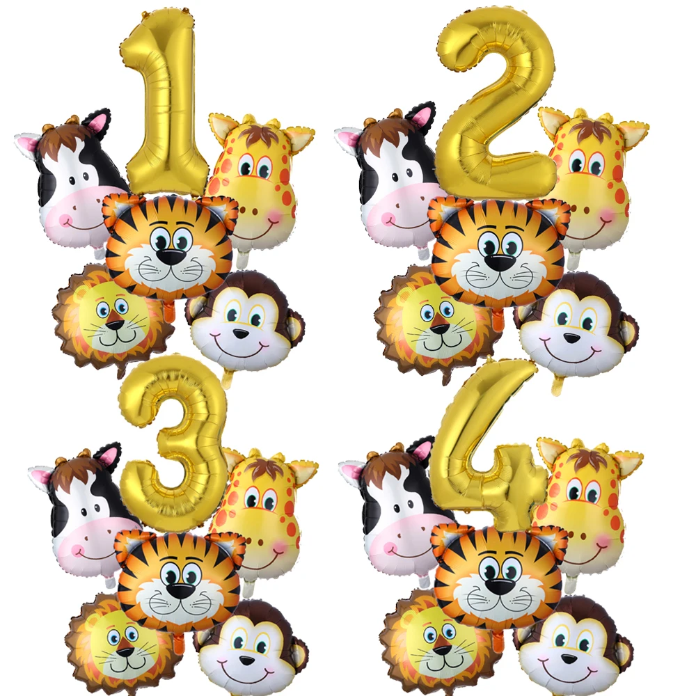 

6pcs Jungle Wild Animal Giraffe Monkey Lion Number Balloon Set 1 2 3 4 5 6Happy Birthday Party Decoration Baby Shower Decoration