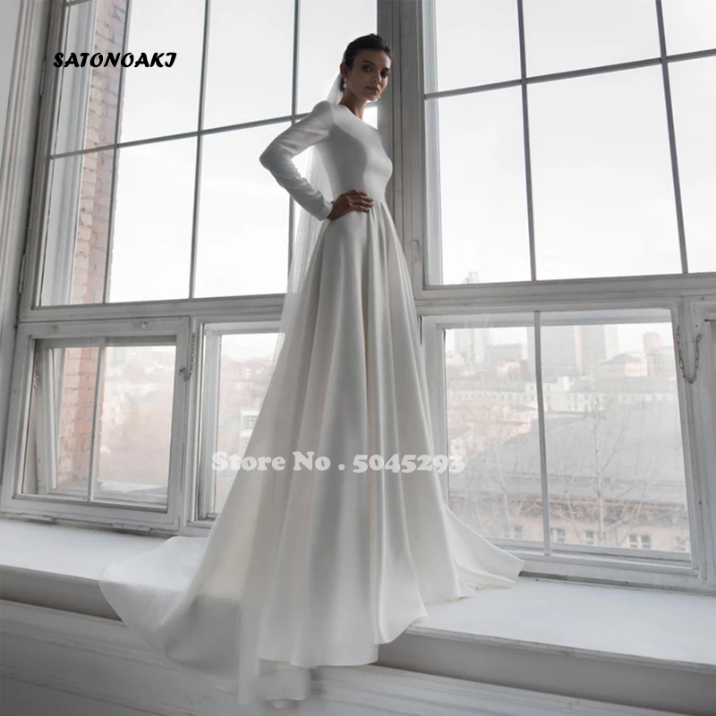 

Elegant Muslim Satin Wedding Dress for Women 2022 O-Neck Long Sleeves A-line Princesa Bridal Gown Vestidos De Novia Custom Made