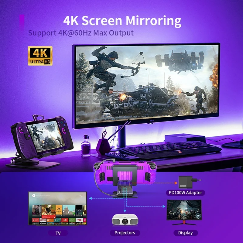 Док-станция с вращающейся подставкой для ROG Ally X &amp Steam Deck OLED Switch Ipad Pro 4K2K 100 Вт