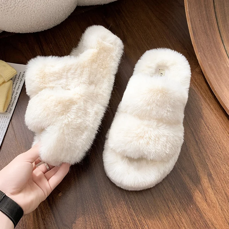 2023 New Women Slippers Autumn and Winter Fur Slippers Indoor Household Slippers Soft Bottom Solid Color Home Cotton Slippers