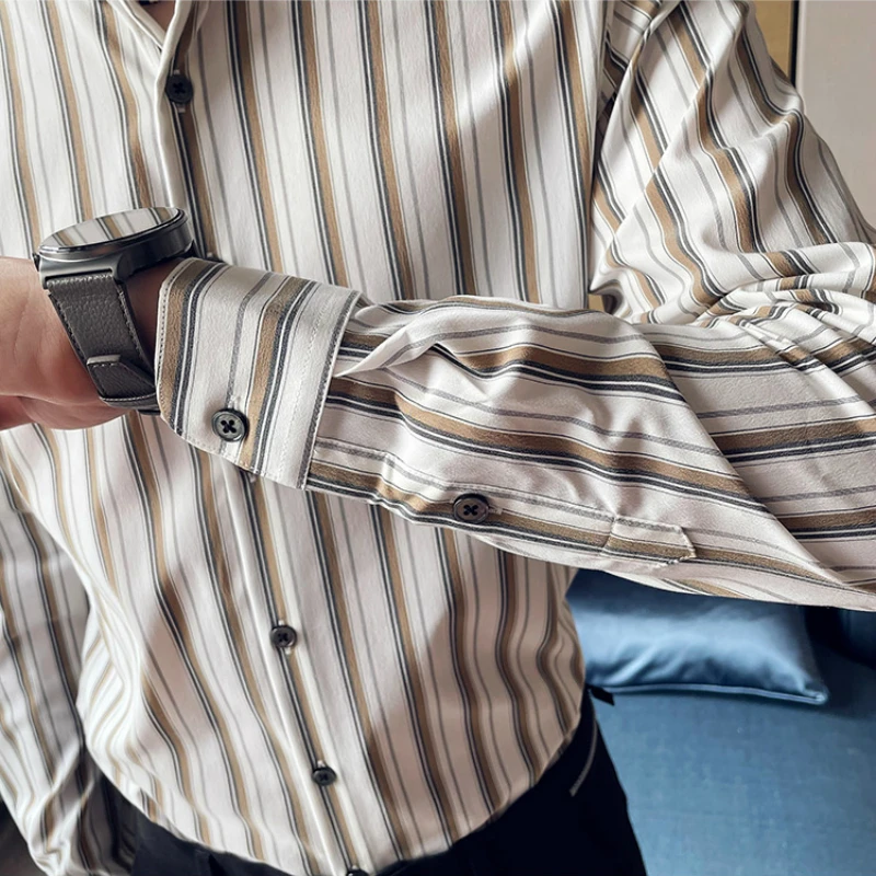 2021 Long Sleeve Men Shirts Spring Striped Casual Business Dress Shirt Camisa Masculina Chemise Homme Slim Social Men Clothing