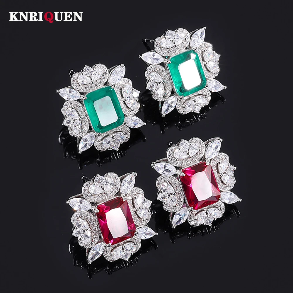 

Charms 100% 925 Real Silver 7*9mm Emerald Ruby Lab Diamond Stud Earrings for Women Luxury Gemstone Wedding Party Fine Jewel Gift