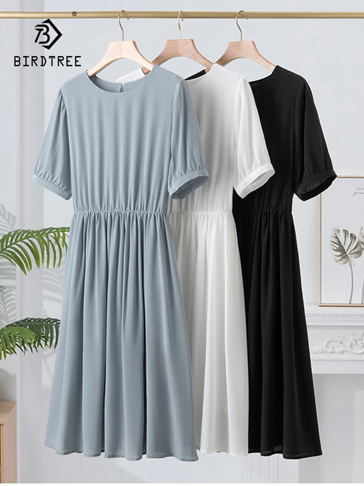 BirdTree элегантное платье из 100% натурального шелка женское однотонное с коротким