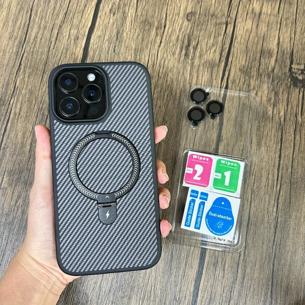 Luxury Magnetic Carbon Fiber Circular Bracket Phone Case For iPhone 16 15 14 13 12 11 Pro Max Plus Foldind Stand Holder Cover