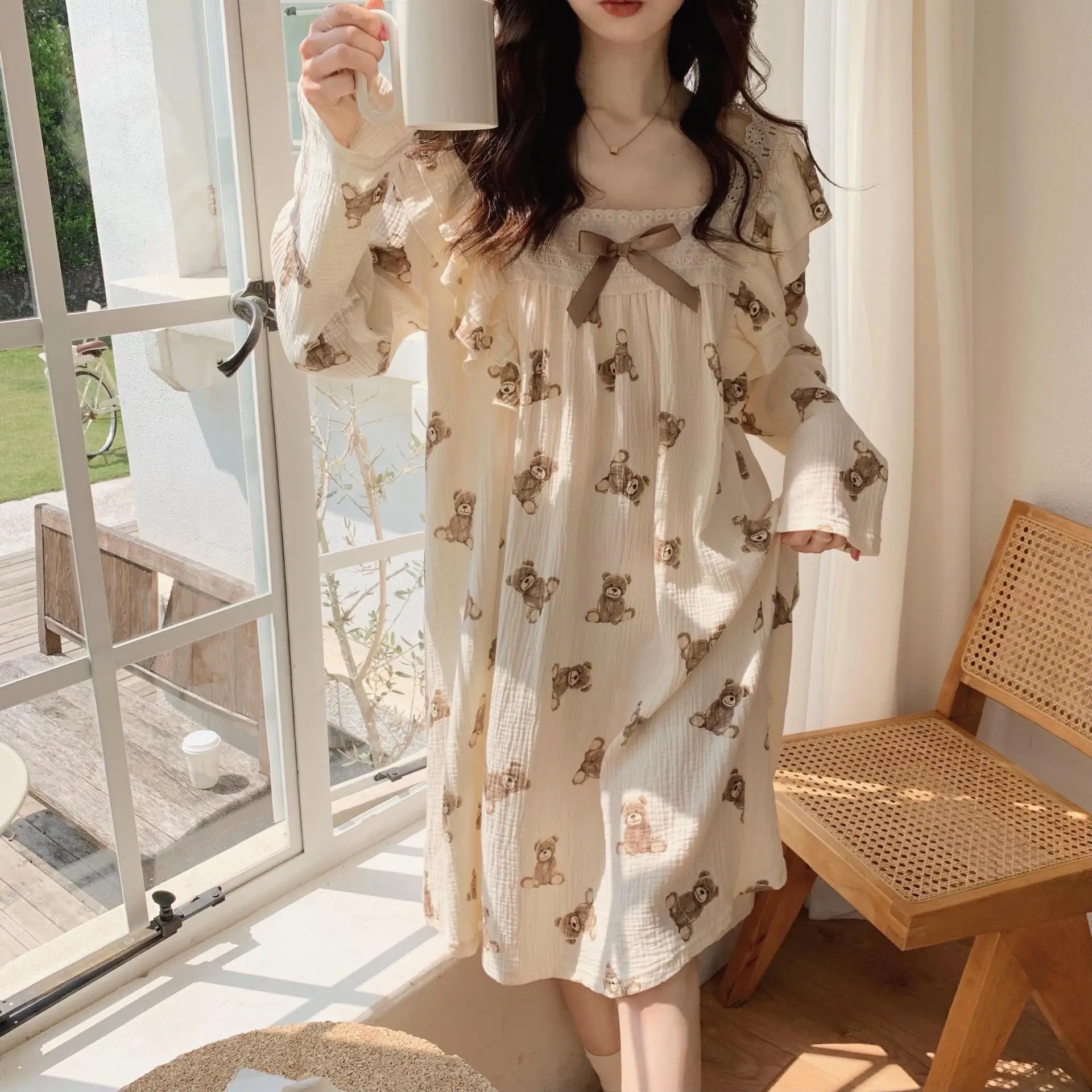 

Bear Cartoon Print Summer Nightgown Korean Soft Cotton Long Sleepwear Short Sleeve Ruffles Nightdress Buttons Kawaii Homewear