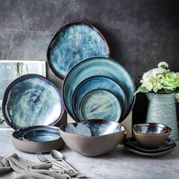 creative household ceramic tableware with changeable glaze noodle bowl special shaped soup plate round shallow snack plate